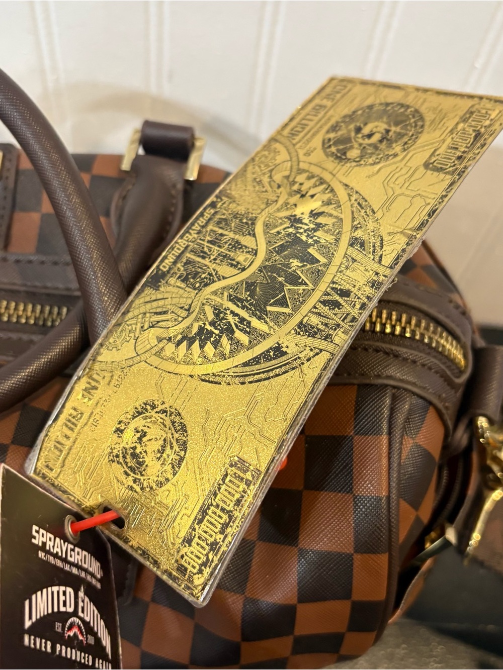 Sprayground Brown Checkered Studded Crossbody Weekender - Picture 8 of 11